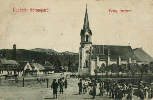 Korompa, Krompach; Evangélikus templom. W. L. Bp. 2739. Asta János kiadása / Lutheran church (szakadás / tear)
