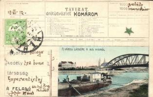 1912 Komárom, Komárnó; város látképe a kis hídról uszállyal. Távirat drótüdvözlet montázs / Telegraph greeting montage, TCV card