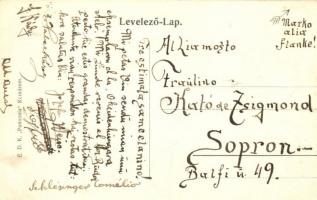1912 Komárom, Komárnó; város látképe a kis hídról uszállyal. Távirat drótüdvözlet montázs / Telegrap...