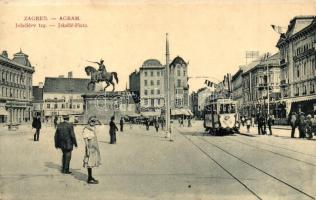 1912 Zagreb, Agram;  Jelacicev trg. / Platz / square with tram, shops and statue. W.L. Bp. 7475.