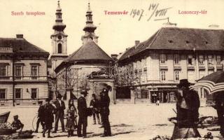 1907 Temesvár, Timisoara; Losonczy tér, Szerb templom, Kerscher üzlete, utcai árusok / square, Serbian church, shop, market vendors