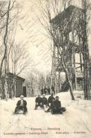 1911 Pozsony, Pressburg, Bratislava; Széchenyi magaslat, ródli pálya szánkózókkal télen. K.B. 907. / winter sport, sledding people  (Rb)