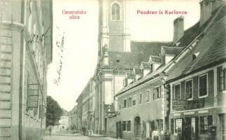 1910 Károlyváros, Karlovac, Carlostadio; Fő utca, templom, üzlet. W.L. 520. / Generalska ulica / street view, church, shop
