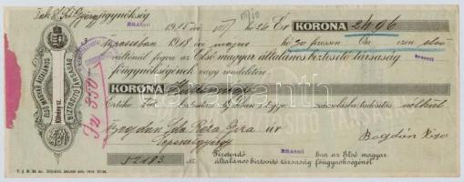 Brassó 1915. Első Magyar Általános Biztosító Társaság díjkötelezvény bélyegzéssel, hátoldalán 14f bélyeg T:III