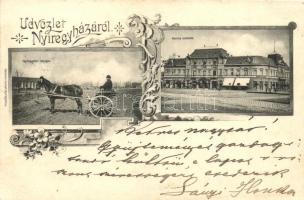 1899 Nyíregyháza, Korona szálloda, talyigás. Ferenczi József kiadása. Art Nouveau, floral