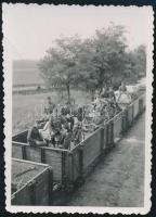 1941 Hadtápszekerek szállítása vasúton, fotó felületén törésnyommal, 8,5x6 cm