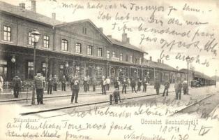 Szabadka, Subotica; Vasútállomás, gőzmozdony, vasutasok. Heumann Mór kiadása / railway station, locomotive, railwaymen