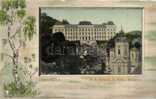 Selmecbánya, Schemnitz, Banska Stiavnica; M. k. Bányász és Erdész Akadémia. Ernst Zsigmond kiadása, litho keret fával / Mining and Forestry Academy. Litho frame with tree (kis szakadás / small tear)