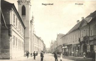 Nagyvárad, Oradea, Grosswardein; Fő utca, fogorvos, Sebő Imre üzlete, Magyar királyi Államvasutak menetjegyirodája / main street with shops, dentistry, railway ticket office