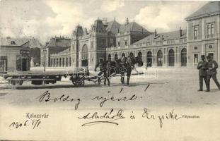 1906 Kolozsvár, Cluj; vasútállomás lovas szekérrel, Péterffy Mór üzlete / Bahnhof, Geschäft / railway station with shop and horse cart