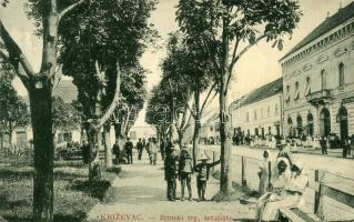 Kőrös, Krizevac, Krizevci; Zrinski trg, setaliste, Ljekarna / Zrínyi tér, sétány, Gyógyszertár, üzlet. W. L. Bp. 7197. / square, promenade, pharmacy, shops (szakadás / tear)