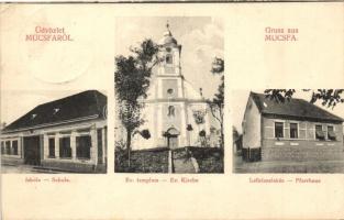 1925 Mucsfa (német ajkú falu), Iskola, Evangélikus templom, lelkészlakás. Photogr. Scherer / Schule, Ev. Kirche, Pfarrhaus