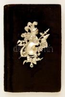 1907-1917 Plüss borítású fém rátéttel díszített régi emlékkönyv, bejegyzésekkel, litho matricákkal