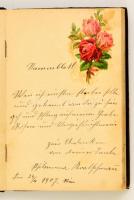 1907-1917 Plüss borítású fém rátéttel díszített régi emlékkönyv, bejegyzésekkel, litho matricákkal