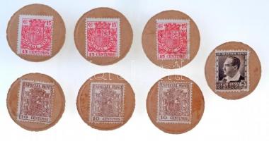 Spanyolország ~1930. 5c + 10c (3x) + 15c (3x) bélyeges szükségpénz T:I- / Spain ~1930. 5 Centimos + 10 Centimos (3x) + 15 Centimos (3x) emergency stamp money C:AU