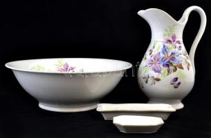 cca 1900 mosdótál kancsóval, szappan és borotva tartóval, kézzel festett, kopott, jelzés nélkül, m:2...