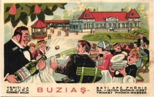 Buziásfürdő, Baile Buzias; Phönix víz reklámlap a kaszinóval. Humoros litho művészlap / Hungarian mineral water advertisement, casino. Humorous litho art postcard (EK)