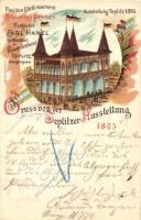 1895 Teplice, Teplitz; Ausstellung, Pavillon Etablissement Brauerei Dreher, Carl Hanel Restaurateur & Wiener Selcherei / Exhibiton, brewery and restaurant. J. Holub Art Nouveau litho