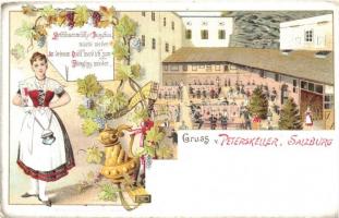 Salzburg, Peterskeller. Verlag Alex J. Klein / beer hall and restaurant with waitress. Art Nouveau, floral, litho