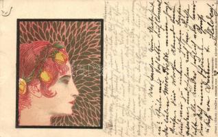 1898 Art Nouveau litho lady. Philipp & Kramer Wiener Künstler-Postkarte Serie IV/7. s: Koloman Moser (EK)