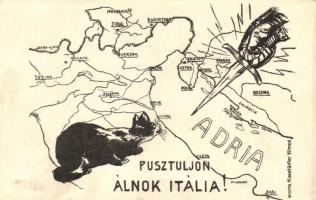 Pusztuljon álnok Itália! Kunstädter Vilmos nyomta / WWI Anti-Italian propaganda art postcard (EK)