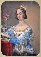 Koronás hölgy portréja, részben színezett nyomat, papír, papírra ragasztva, paszpartuban, körbevágott, 21x15 cm.
