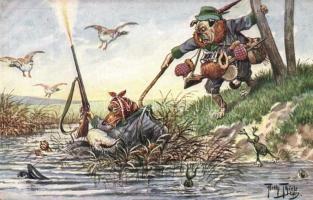 Dogs hunting ducks, humor, art postcard. T. S. N. Serie 1175. (6 Dess.) s: Arthur Thiele (EK)