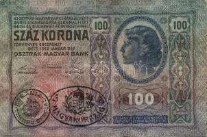 1912. 100K fekete román ellenbélyegzővel + ovál "Magyarország" felülbélyegzéssel, hamis?! T:II