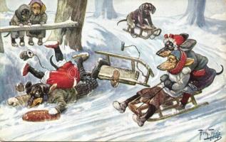 1912 Sledding Dachshund dogs in winter. T.S.N. Serie 1195. s: Arthur Thiele