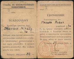 1945 Bp., A Vallás- és Közoktatásügyi Minisztérium és az orosz katonai parancsnokság által kiadott szabad közlekedést biztosító kétnyelvű igazolvány