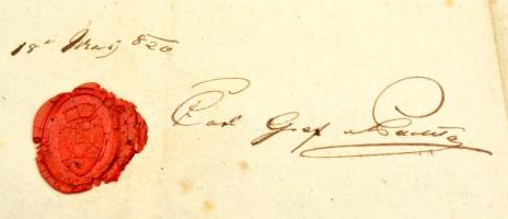 1820 Adóslevél von Pechta gróf aláírásával és viaszpecséttel 4kr szignettával / with autograph signa...