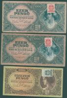 1945. 1000P normál bélyeggel T:II/III+ + 1000P lemezhibás bélyeggel T:II/III+ + 10000P normál bélyeggel T:II+ + 10000P lemezhibás bélyeggel T:II/III