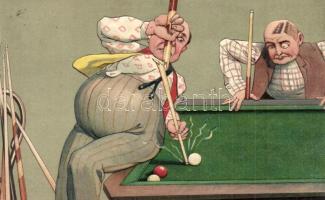 1908 Humoros biliárd művészlap / Humorous billiard art postcard. PFB Serie 8174. Emb. litho