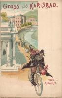 Gruss aus Karlsbad! 1900 Ankunft / Czech Jewish man on bicycle in Karlovy Vary. Judaica. Verlag von Hermann Jacob. Lith. G. Schwaab No. 3. Art Nouveau litho (EK)