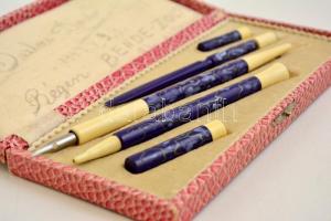 XX. sz. eleje. Toll, töltőtoll, töltőceruza készlet részben csonttal, eredeti dobozában, hiánytalanu...