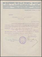 1929 a Budapesti Torna Club vezetőségének részvétnyilvánító levele iszeni Iszer Károly (1861-1929) újságíró, sportszervező felesége, eggensteini Hyann Marietta részére, aláírásokkal, borítékkal