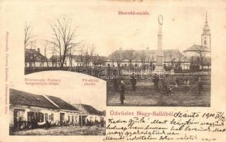 1900 Nagysalló, Tekovské Luzany; Honvéd emlékmű, templom, Fő utca, Hricsovszky Ferenc hangszer ipartelepe, üzlet. Hricsovszky Ferenc saját kiadása / 1848 Heroes monument, church, main street, the publishers musical instruments shop (EK)