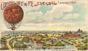 1896 Budapest. 'Üdvözlet a fellegekből' Eugéne Godard hőlégballonja (Ballon Captif Godard); Kunosy Vilmos és Fia zeneműnyomdájából. litho