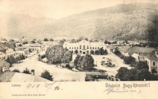 Nagyrőce, Gross-Rauschenbach, Velká Revúca; látkép, vendéglő, étterem, Groszman Samu üzlete. Kiadja Büchler Béla / general view, main street, restaurant, shops (EK)