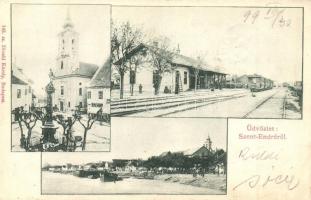 1899 Szentendre, templom, Kereskedők keresztje szobor, vasútállomás vonattal, Duna part