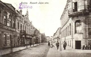 Zsolna, Zilina; Kossuth Lajos utca, Scheer Bertalan és Társa üzlete. Schwarcz Vilmos kiadása / street view, shops (r)