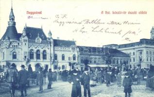 1907 Nagyvárad, Oradea, Grosswardein; Szent László tér északi oldala, piaci forgatag, fodrász, Vigadó Mozgó. Rákos Vilmos kiadása / square, market vendors, hairdresser, shops, cinema