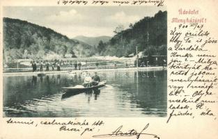 1900 Menyháza, Moneasa; Csónakázó-tó, kisvasút gőzmozdonya a háttérben / lake with locomotive of the light railway