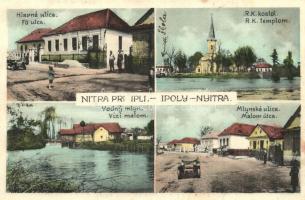 Ipolynyitra, Nitra pri Ipli, Nitra nad Iplom; Hlavná ulica, R. k. kostol, Vodny mlyn, Mlynská ulica / Fő utca, automobil, Római katolikus templom, iskola, Vízimalom, Malom utca, üzlet / main street, automobiles, church, school, water mill, street view, shop (fl)