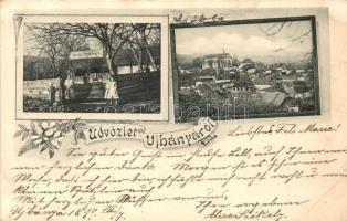 1899 Újbánya, Königsberg, Nová Bana; Kádfürdő és látkép / spa and panorama view. Art Nouveau, floral