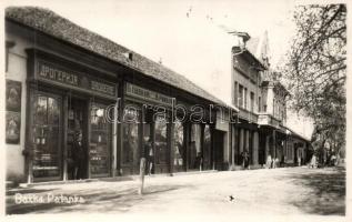 1941 Palánka, Bácska-Palánka, Backa Palanka; utcakép, drogéria, B. Pavkov és Zarko Protis üzlete / street view with shops. "Palánka visszatért" photo