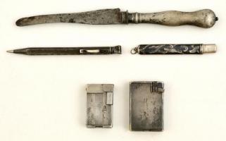 Gamma és Dunhill ezüstözött öngyújtó, ezüst nyelű kés, ceruza, stb., 5 db