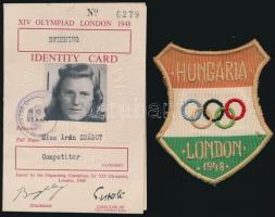 1948 London Zságot Irén műugró olimpiai igazolványa és felvarrója. / 1948 London Olympic Games id and patch of Hungarian participant.