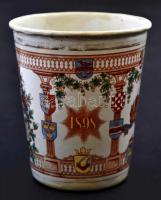 1898 Emaillir Werke, Ferencz József emlék zománc pohár, jelzett, javított, kopott, m:10 cm