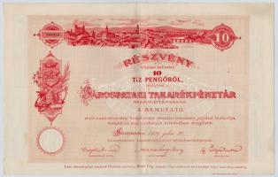 Sárospatak 1926. Sárospataki Takarékpénztár részvény 10P-ről, szelvényekkel és szárazpecséttel T:II